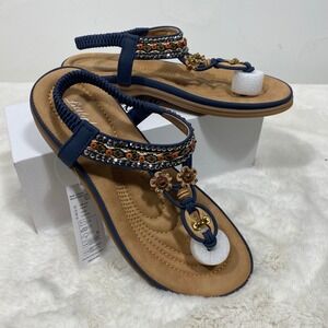 NEW Littleplum Women's 10.5 Blue Beaded Flower Thong Sandals Flat Slip On Shoes